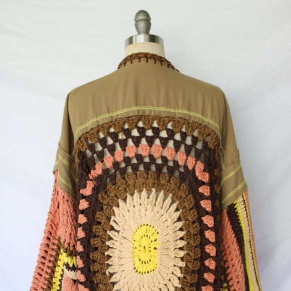 Free People No Rain Jacket cardigan granny Crochet Square Pieced Patchwork LG - Picture 10 of 11